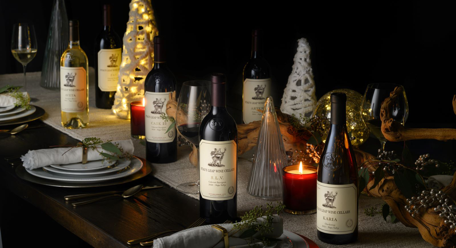 Stag's Leap Wine Cellars wines on a holiday candle light dinner table.